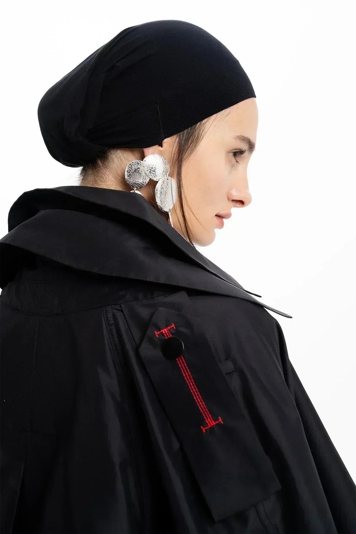 BLACK TAFFETA FOLDED COLLAR BELTED LONG TRENCH COAT