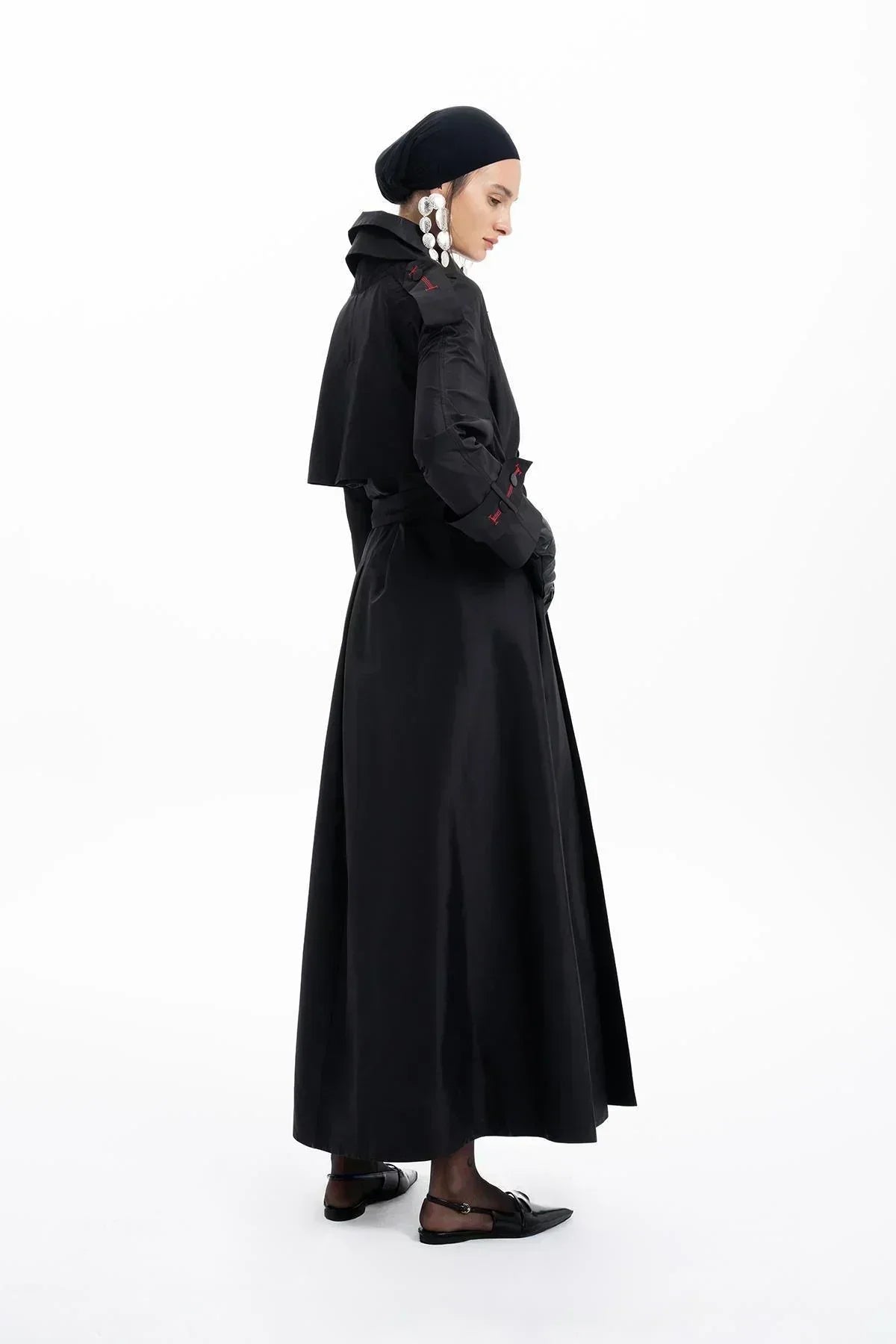 BLACK TAFFETA FOLDED COLLAR BELTED LONG TRENCH COAT