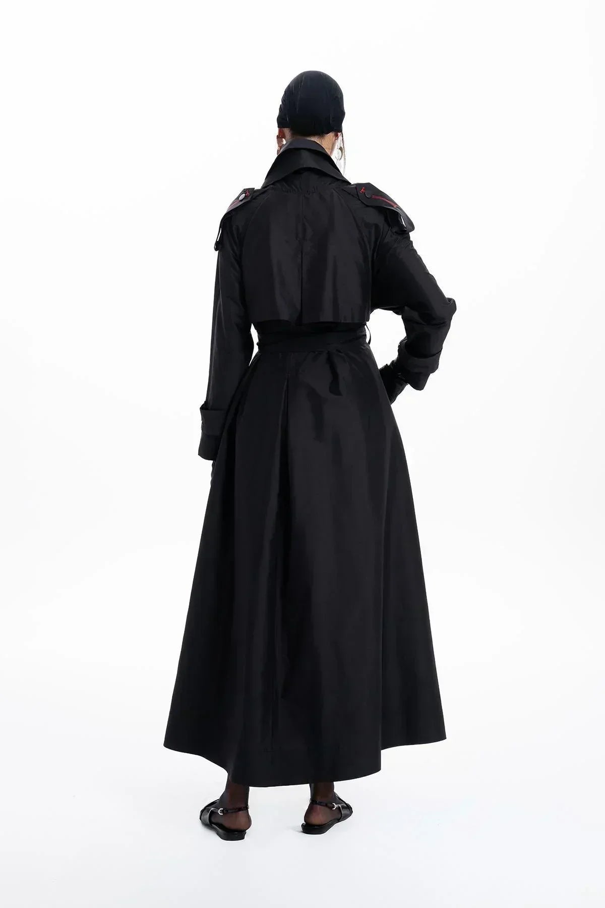 BLACK TAFFETA FOLDED COLLAR BELTED LONG TRENCH COAT