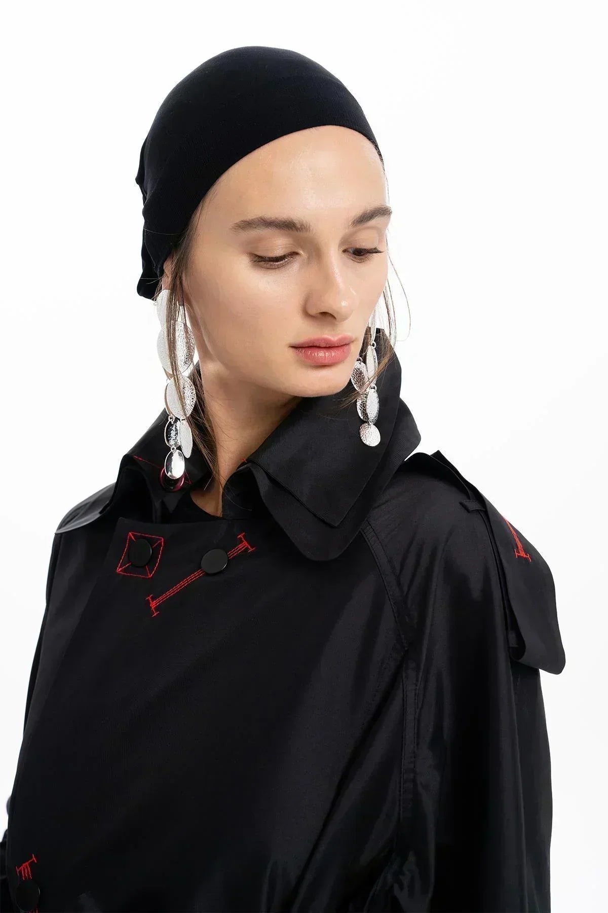 BLACK TAFFETA FOLDED COLLAR BELTED LONG TRENCH COAT