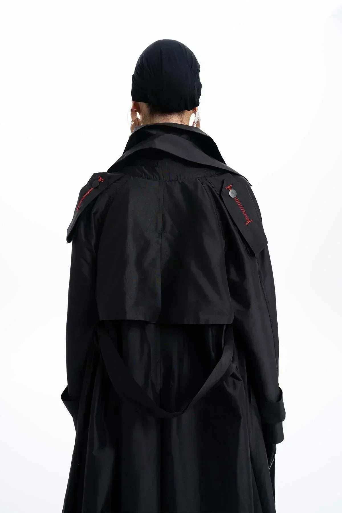 BLACK TAFFETA FOLDED COLLAR BELTED LONG TRENCH COAT