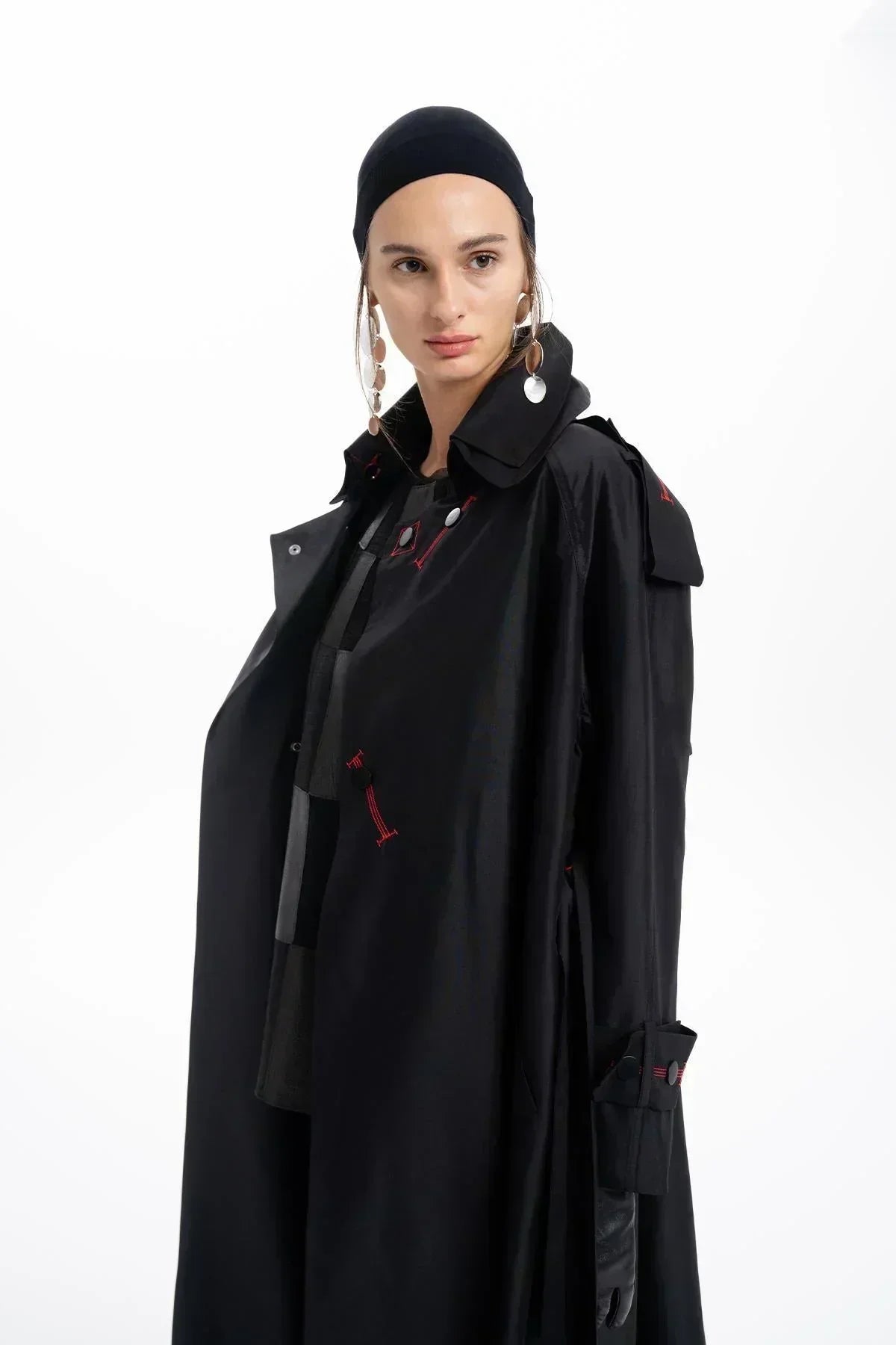 BLACK TAFFETA FOLDED COLLAR BELTED LONG TRENCH COAT