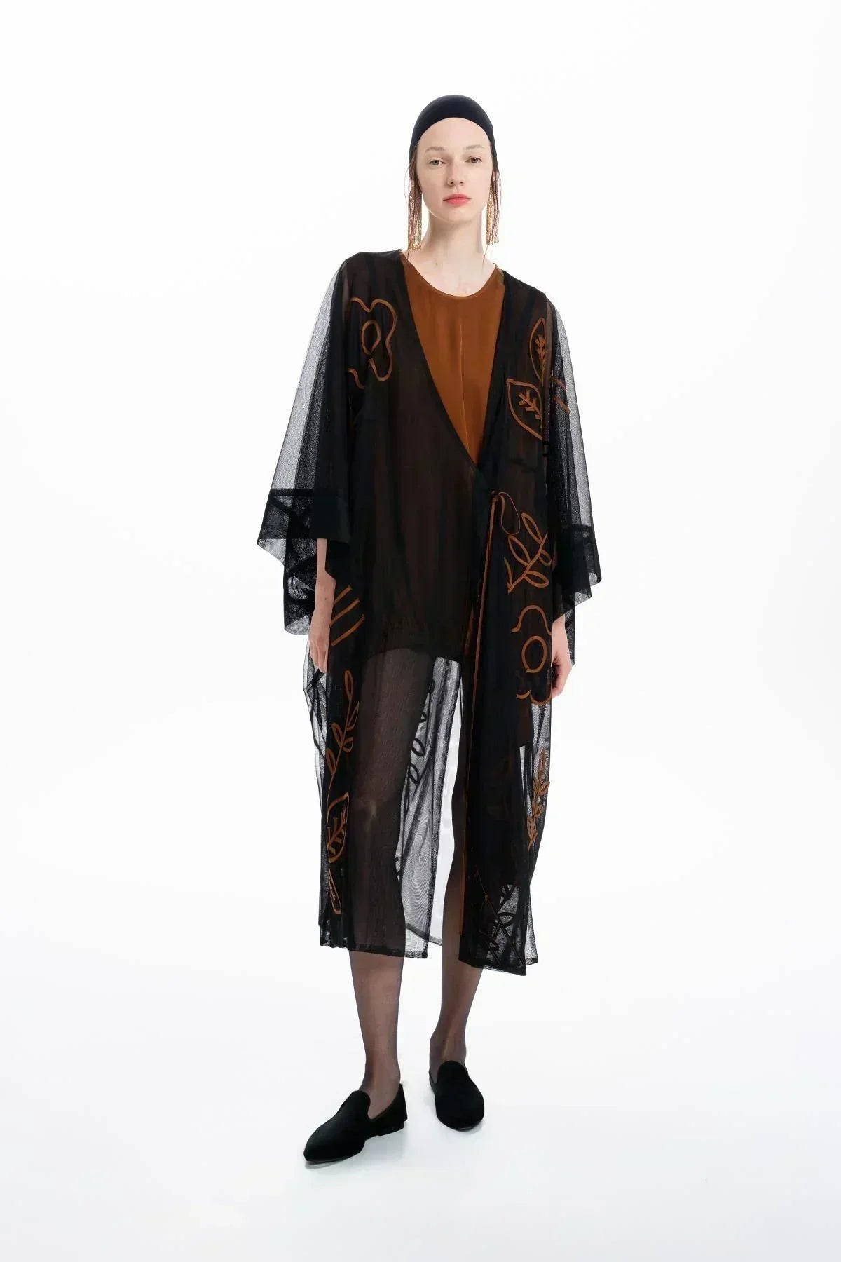 BLACK FLOWER HAND EMBROIDERED TRANSPARENT TULLE LONG CAPE