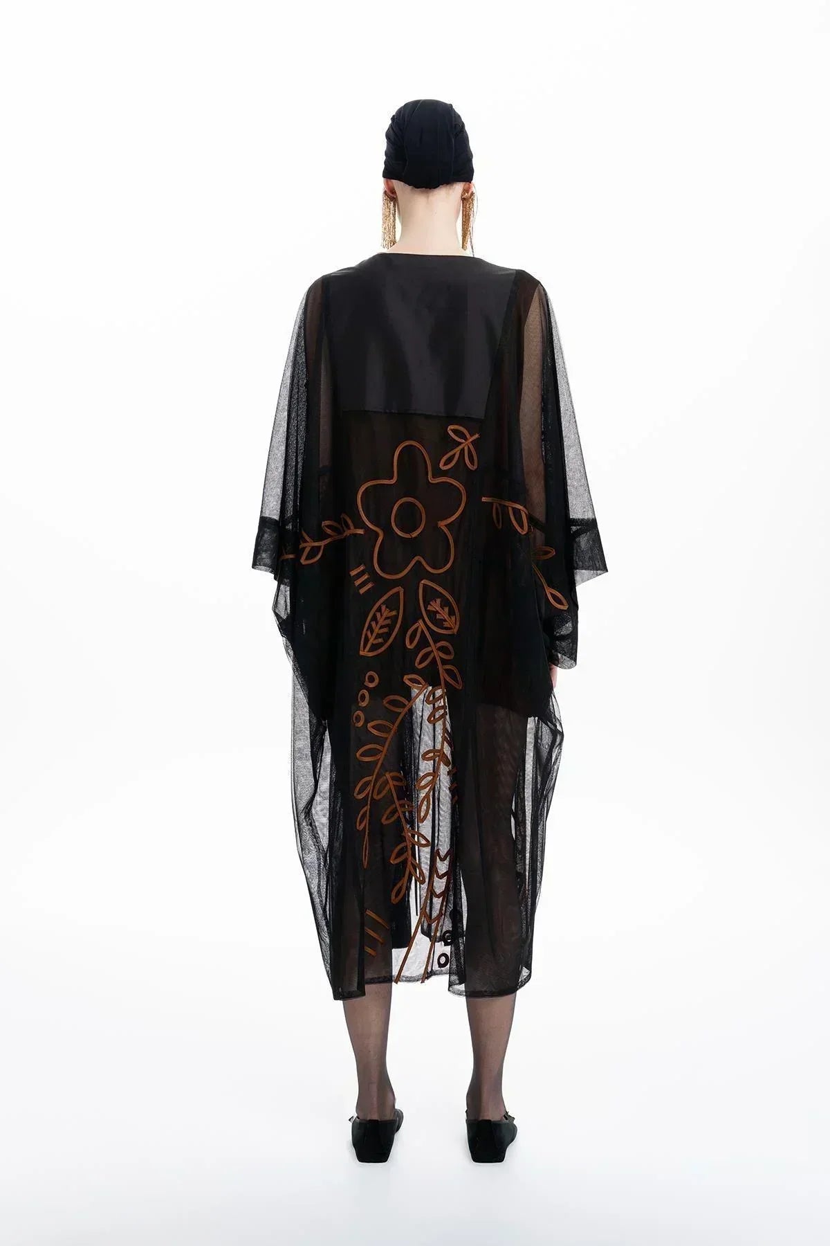 SİYAH ÇİÇEK EL İŞLEMELİ TRANSPARAN TÜL UZUN KAP