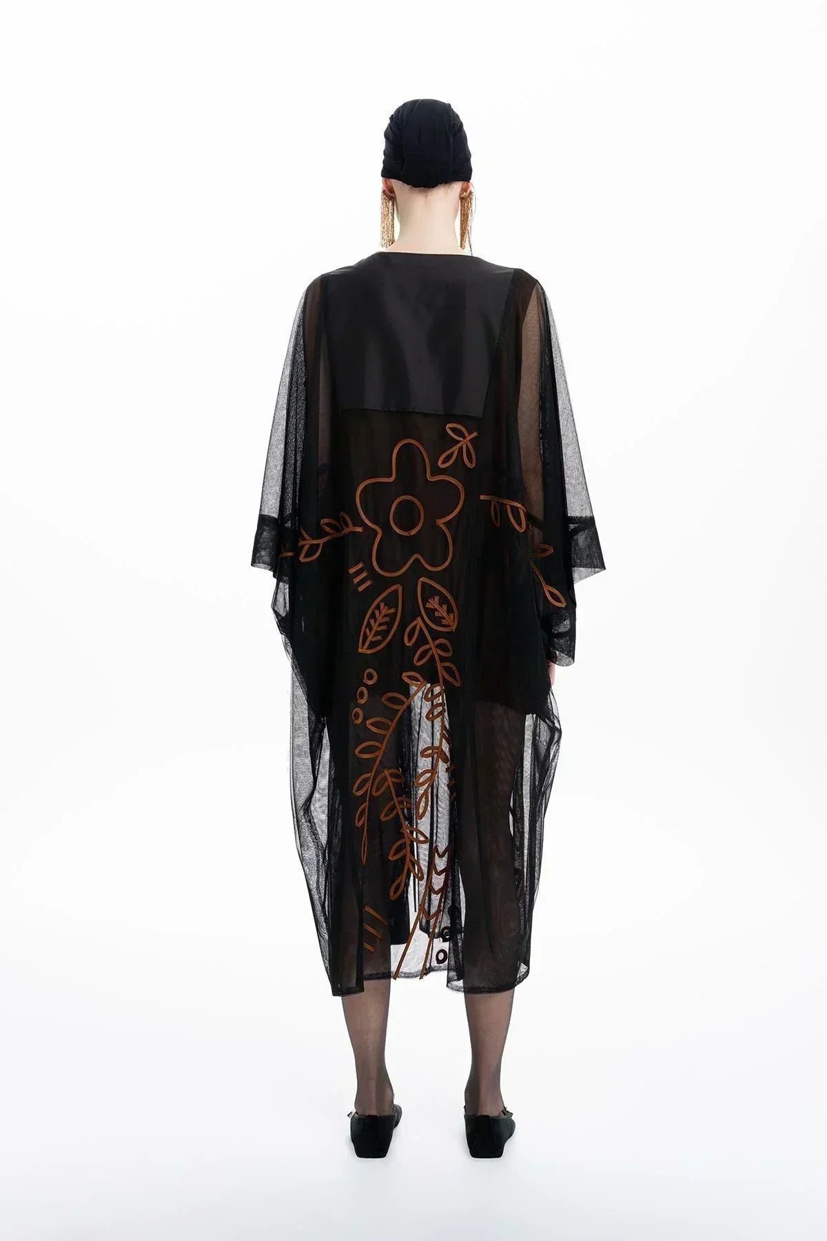 SİYAH ÇİÇEK EL İŞLEMELİ TRANSPARAN TÜL UZUN KAP - MiiN