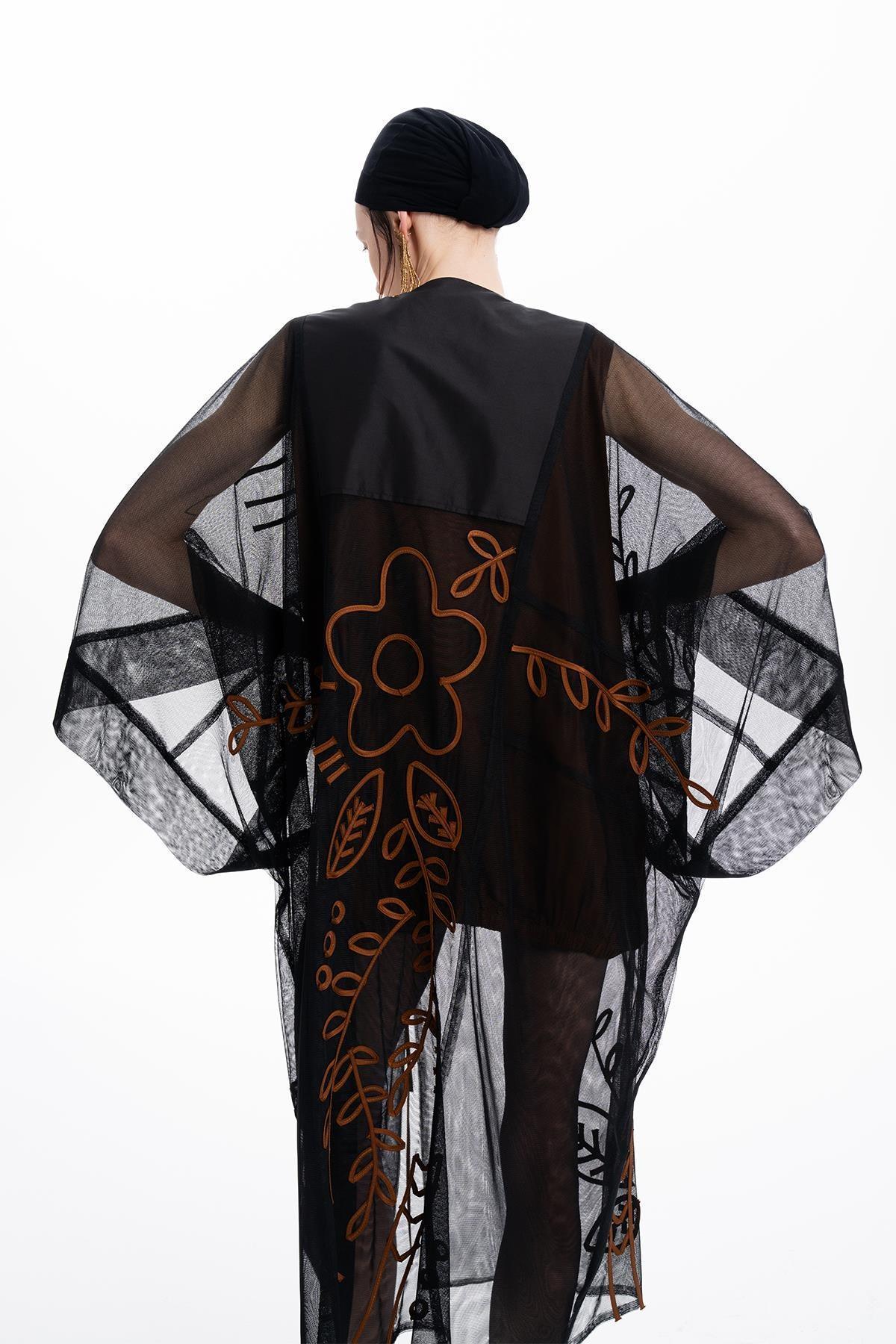 SİYAH ÇİÇEK EL İŞLEMELİ TRANSPARAN TÜL UZUN KAP