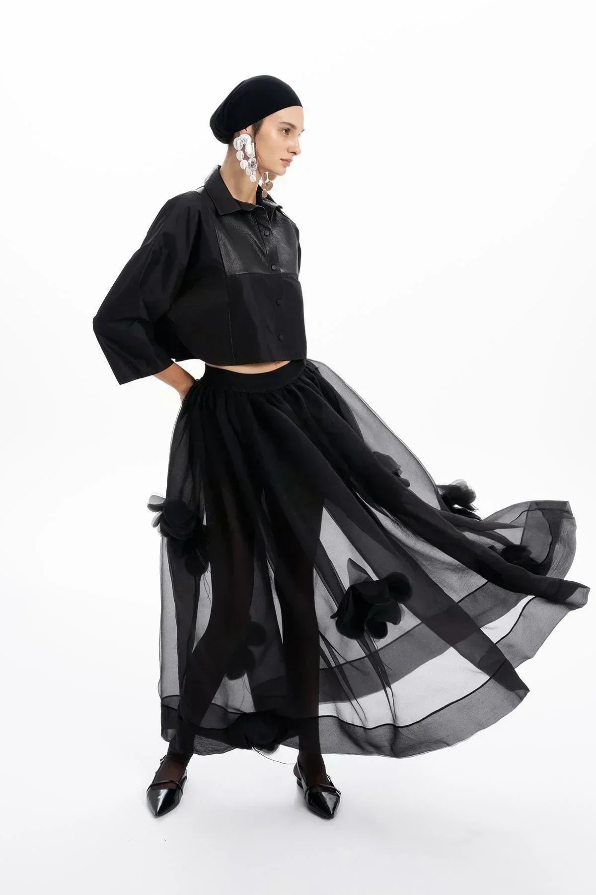 SİYAH DERİ TAFTA TASARIMLI OVERSIZE CROP GÖMLEK - MiiN