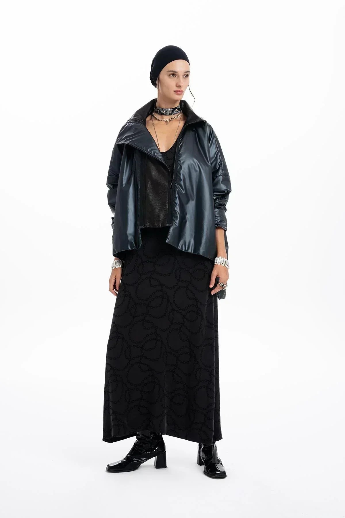 BLACK PARACHUTE FABRIC LEATHER DETAILED OVERSIZE JACKET