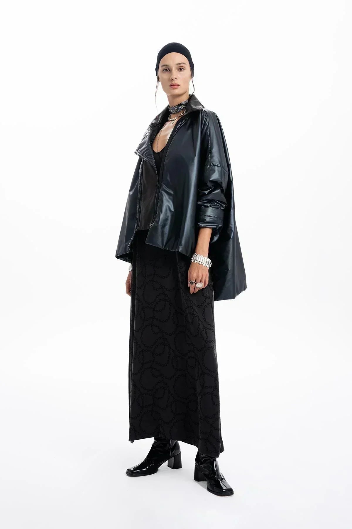 BLACK PARACHUTE FABRIC LEATHER DETAILED OVERSIZE JACKET