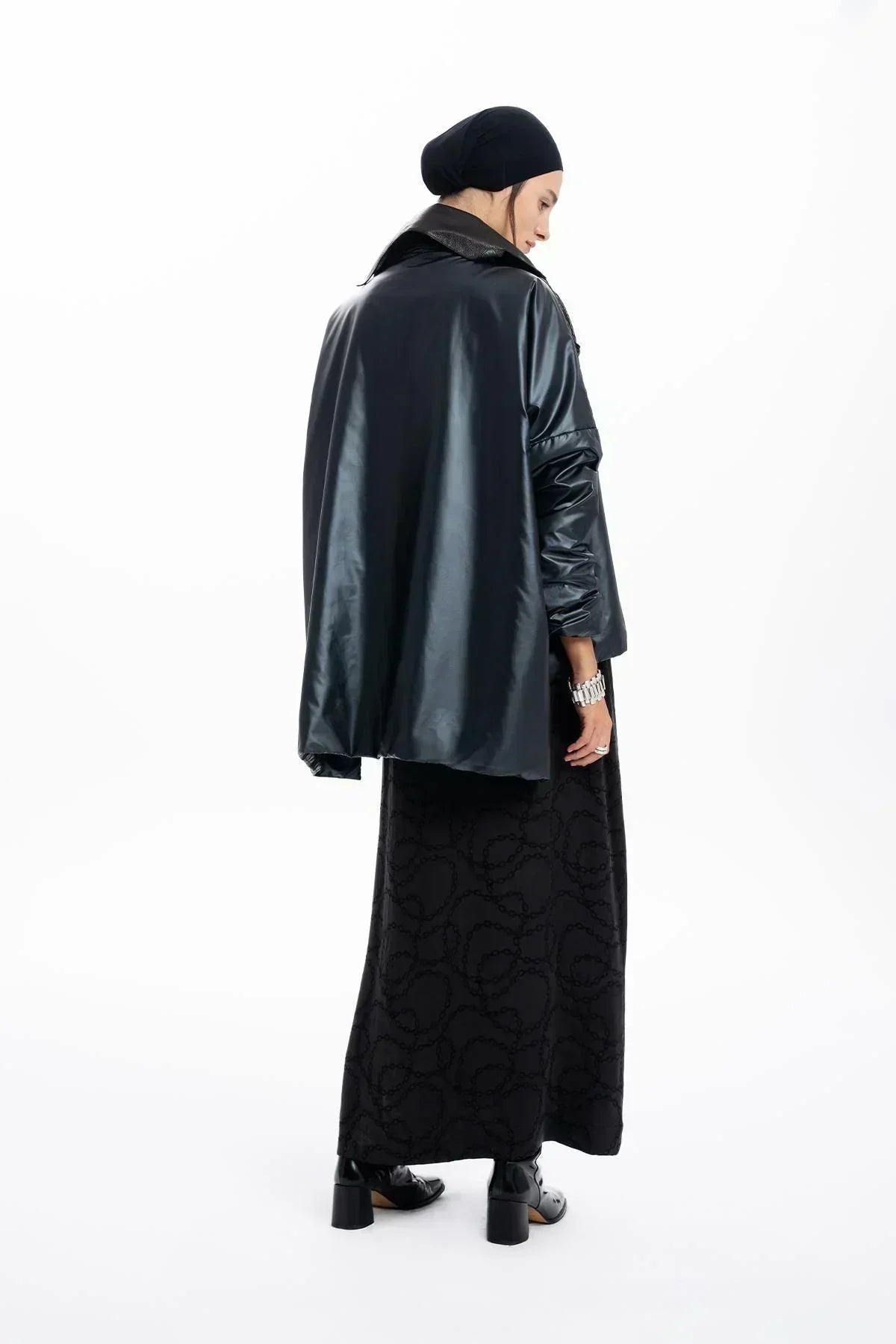 BLACK PARACHUTE FABRIC LEATHER DETAILED OVERSIZE JACKET