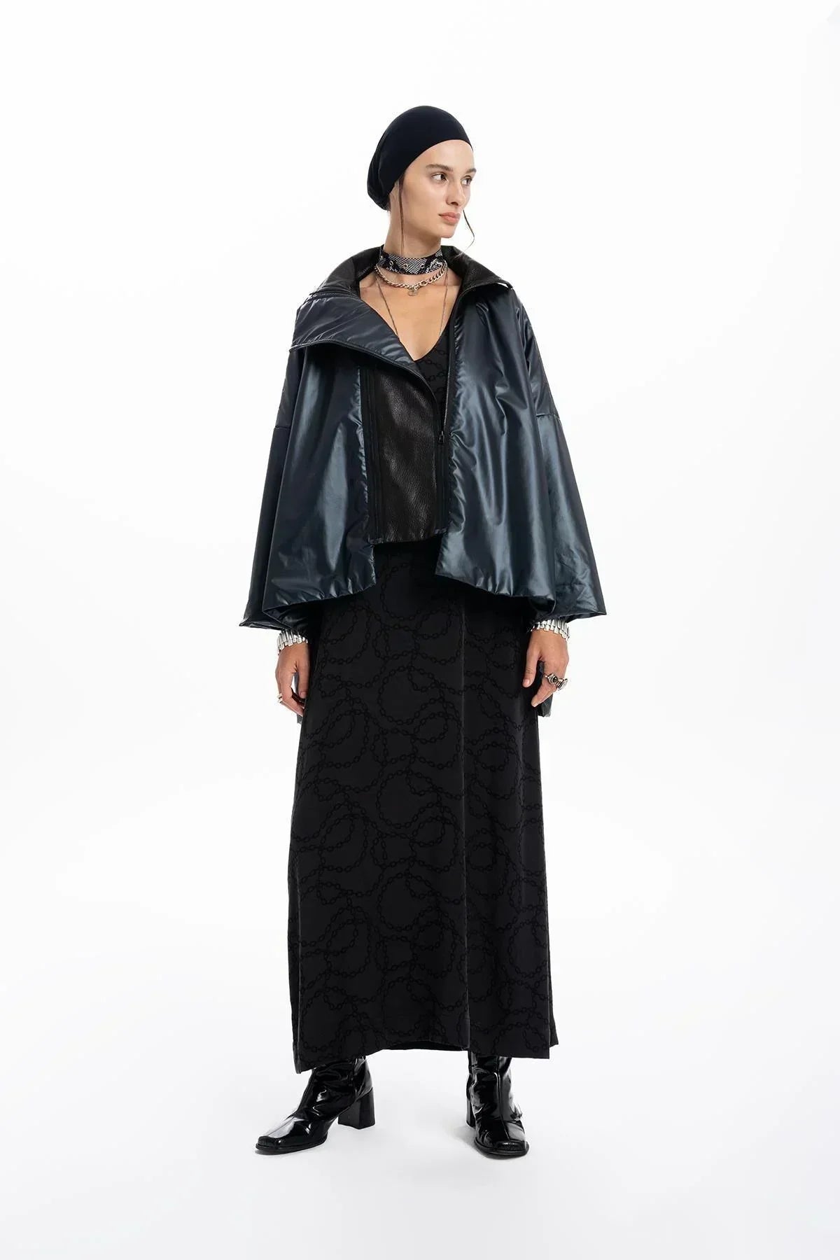 BLACK PARACHUTE FABRIC LEATHER DETAILED OVERSIZE JACKET