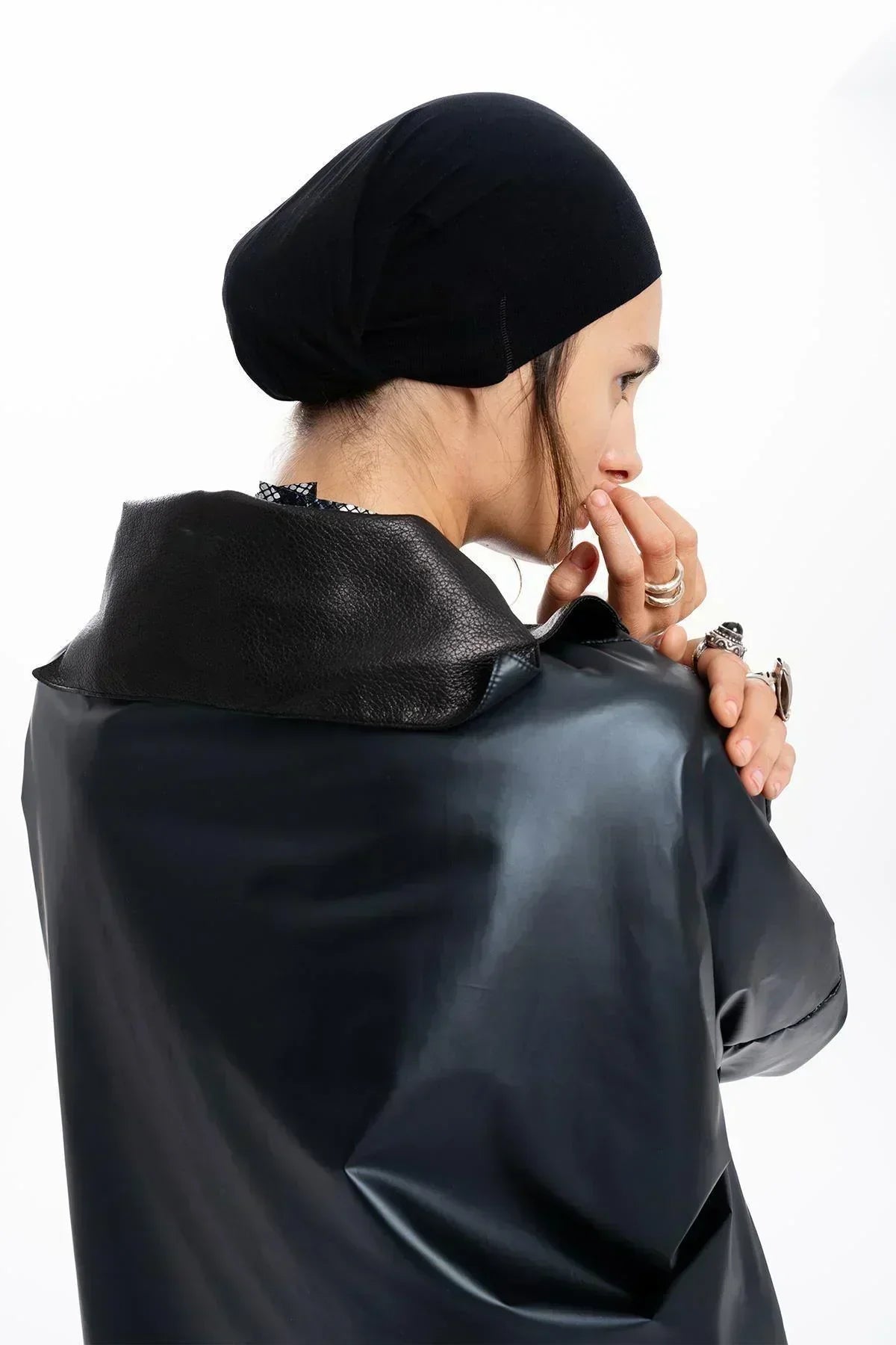 BLACK PARACHUTE FABRIC LEATHER DETAILED OVERSIZE JACKET
