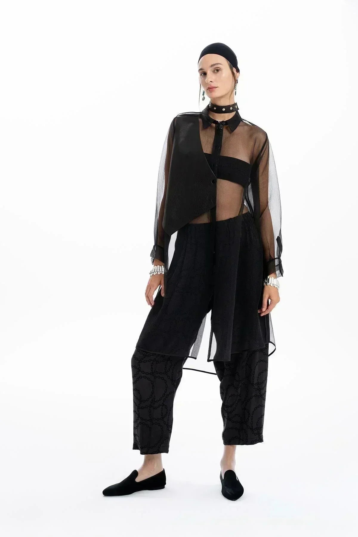 BLACK LEATHER DETAILED ORGANZA TRANSPARENT SHIRT