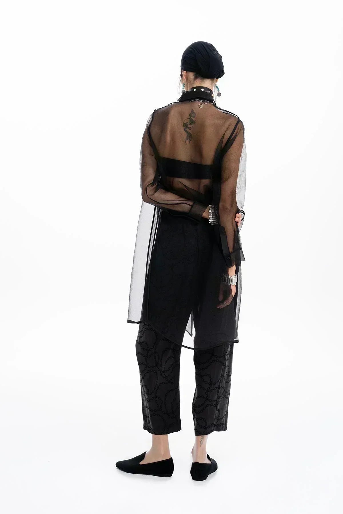 SİYAH DERİ DETAYLI ORGANZE TRANSPARAN GÖMLEK - MiiN