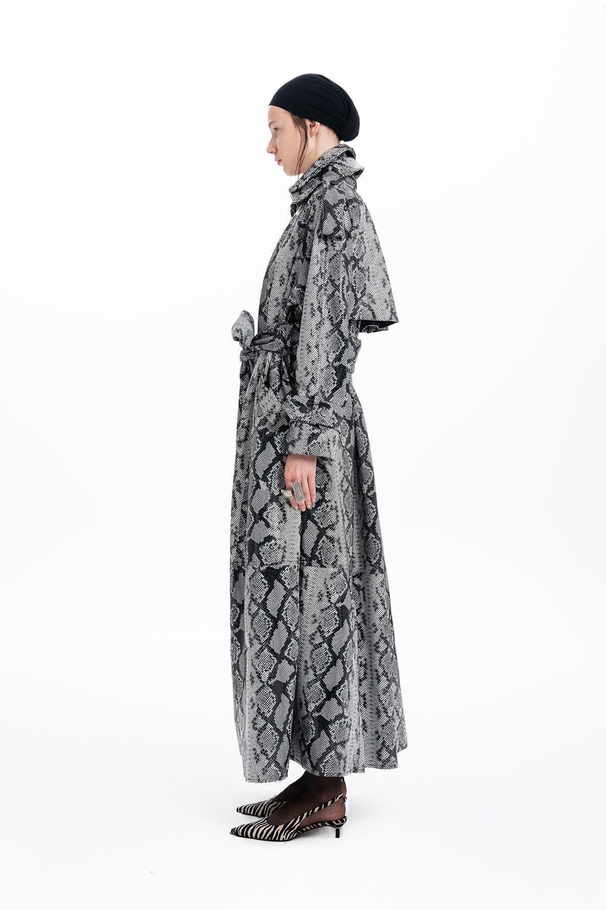 BLACK AND WHITE PYTHON PRINTED LEATHER LONG TRENCH COAT