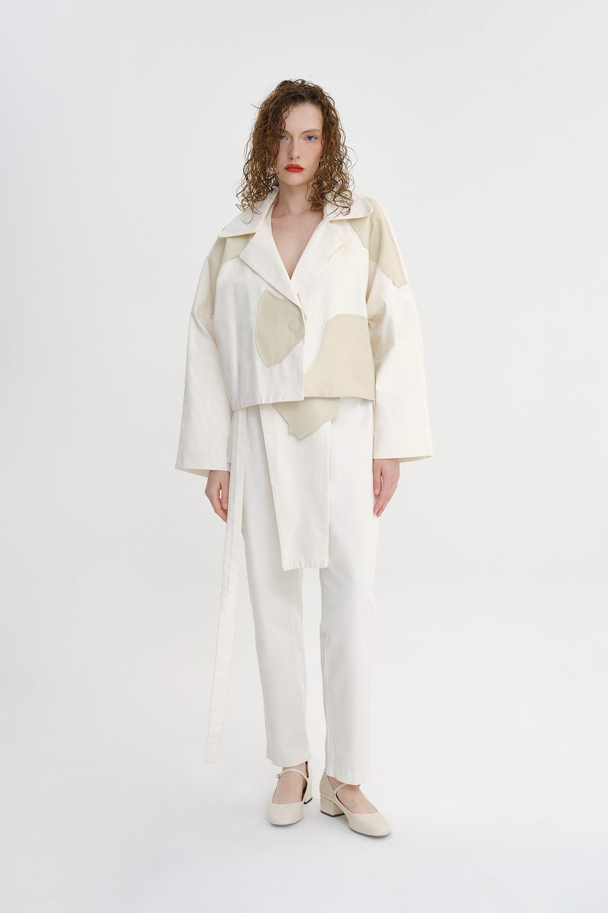 EKRU DERİ DETAYLI OVERSIZE KISA CEKET - MİİN