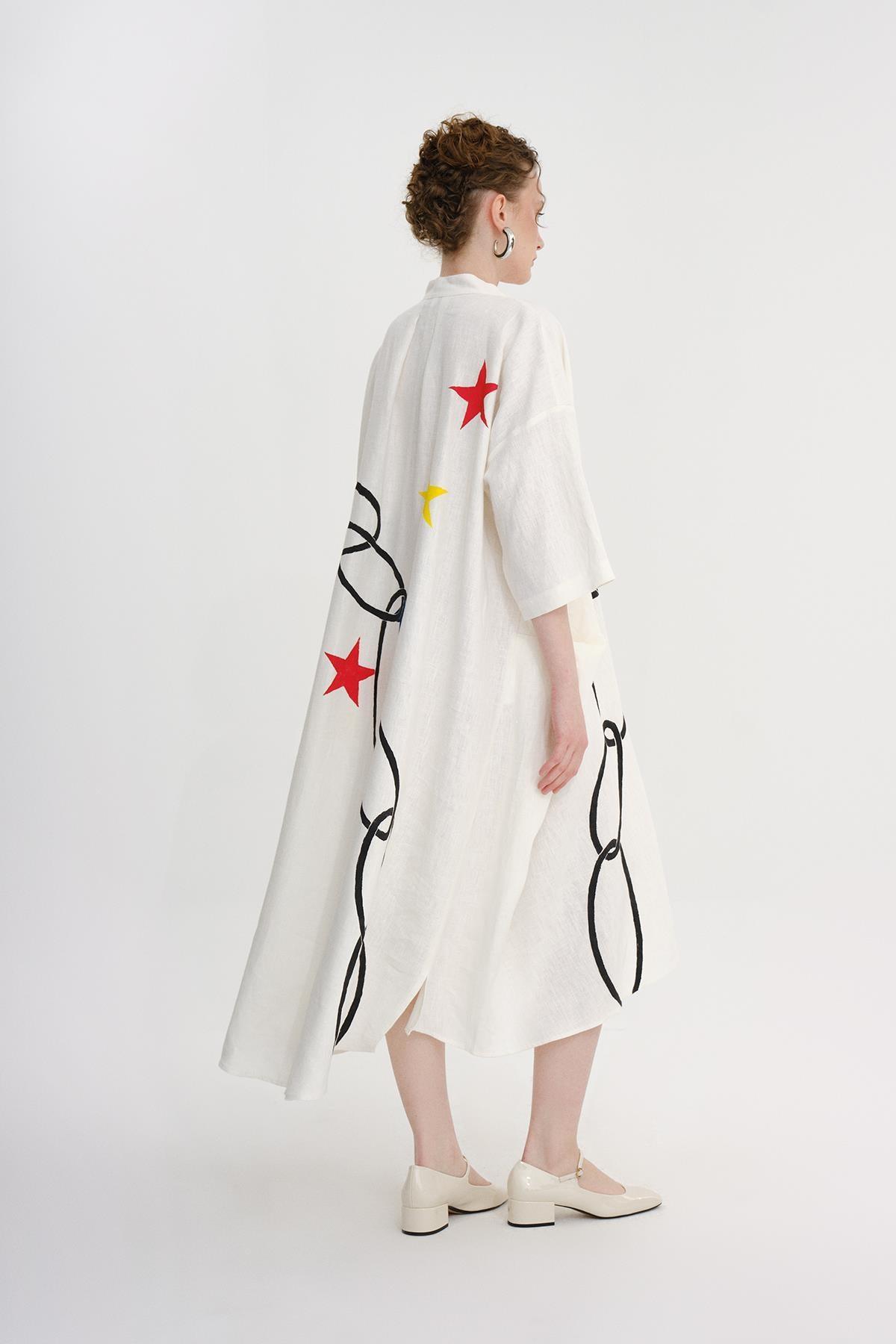EKRU KETEN DESENLİ OVERSIZE MİDİ BOY ELBİSE - MİİN