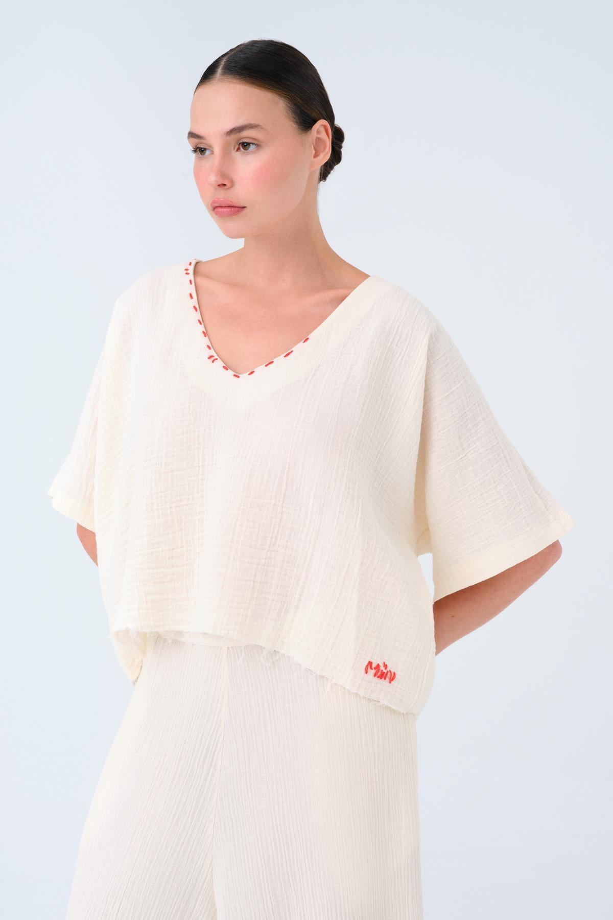 KREM KISA KOLLU OVERSIZE MÜSLİN CROP TOP - MİİN