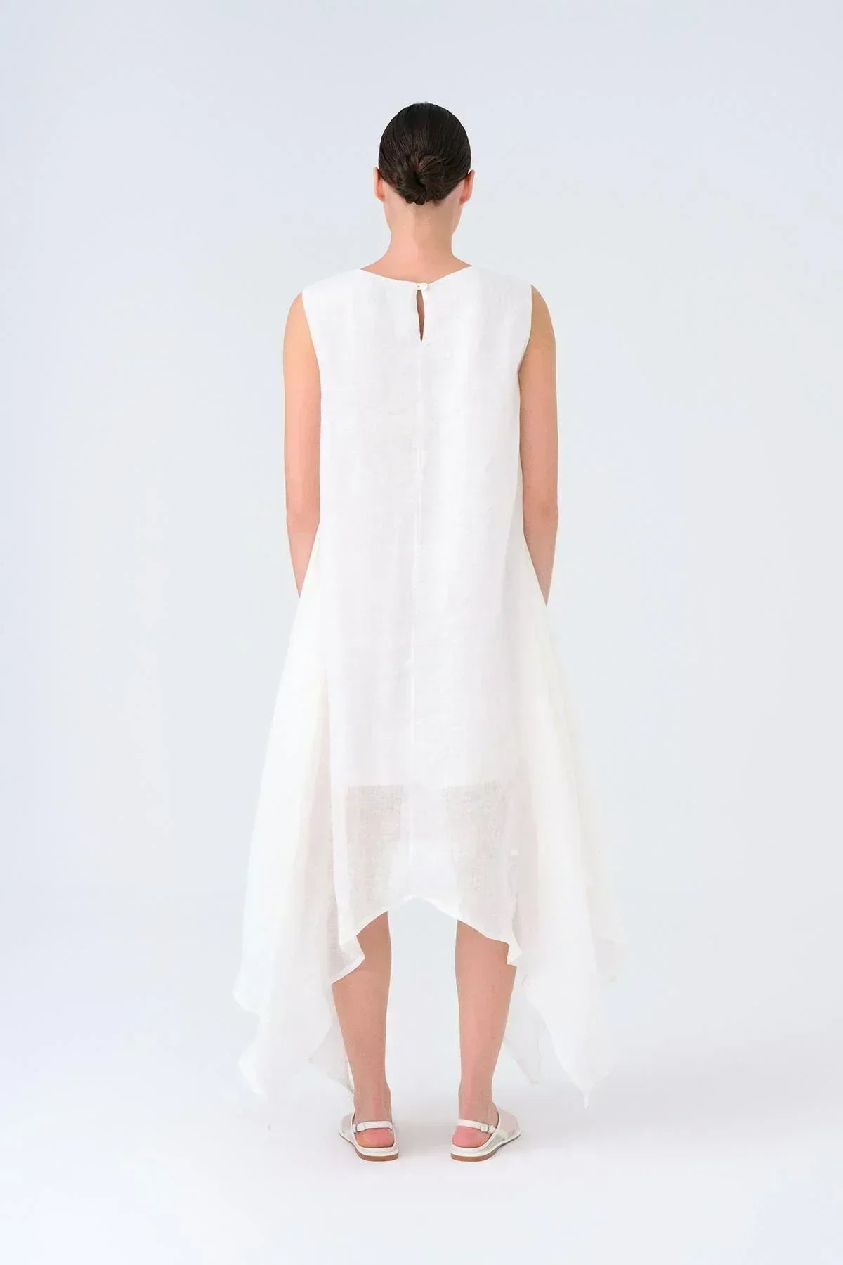 WHITE LEAF PRINTED ASYMMETRIC CUT LINEN MIDI DRESS
