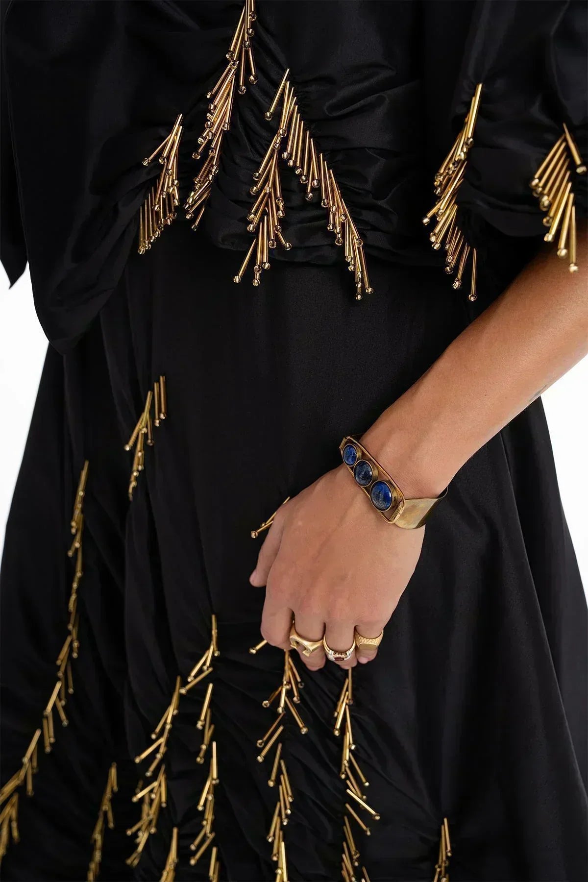 BLACK HAND EMBROIDERED GOLD BEADS PLEASED LONG DRESS