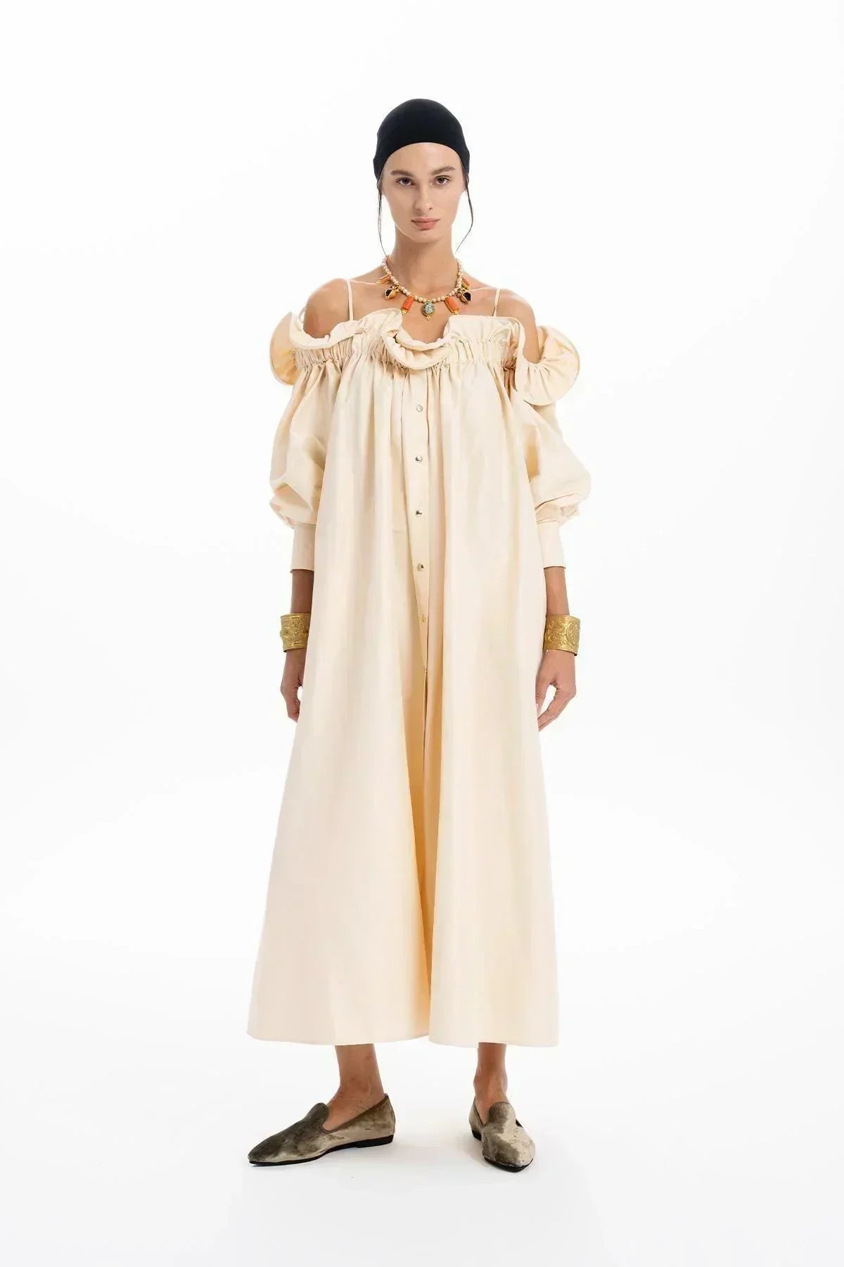 BEIGE TAFFETA RUFFLED BOAT NECK OVERSIZED LONG DRESS
