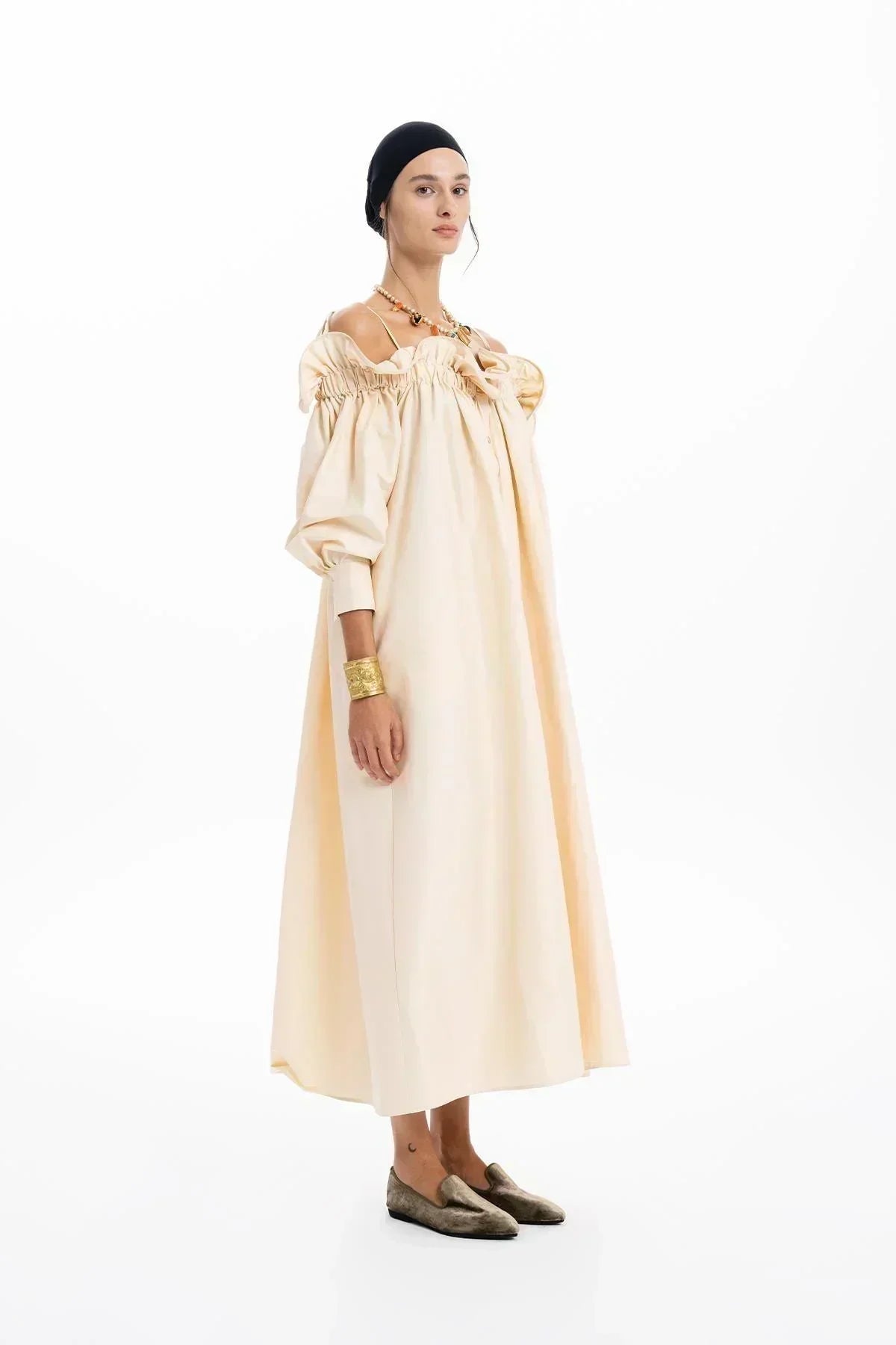 BEIGE TAFFETA RUFFLED BOAT NECK OVERSIZED LONG DRESS