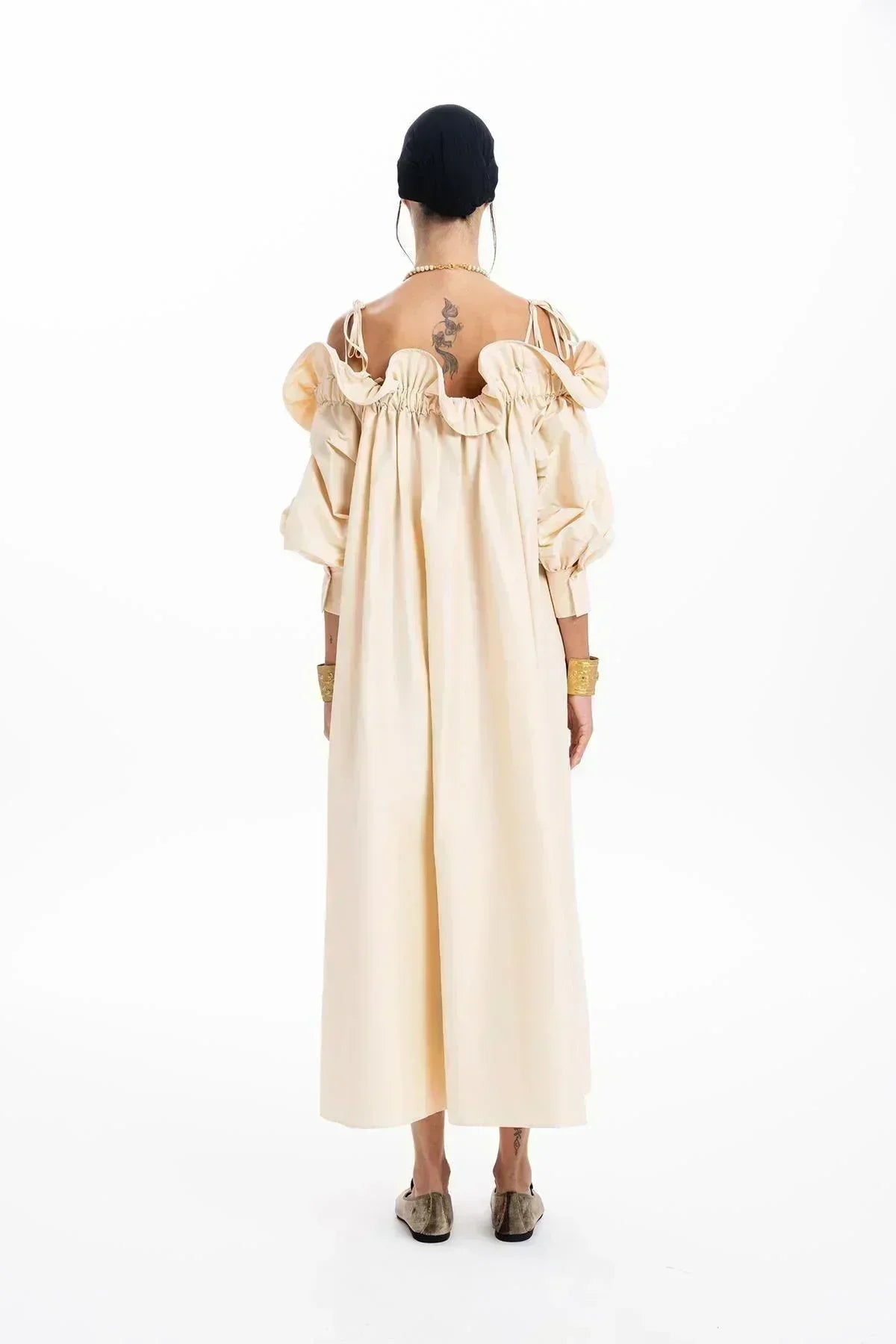 BEIGE TAFFETA RUFFLED BOAT NECK OVERSIZED LONG DRESS