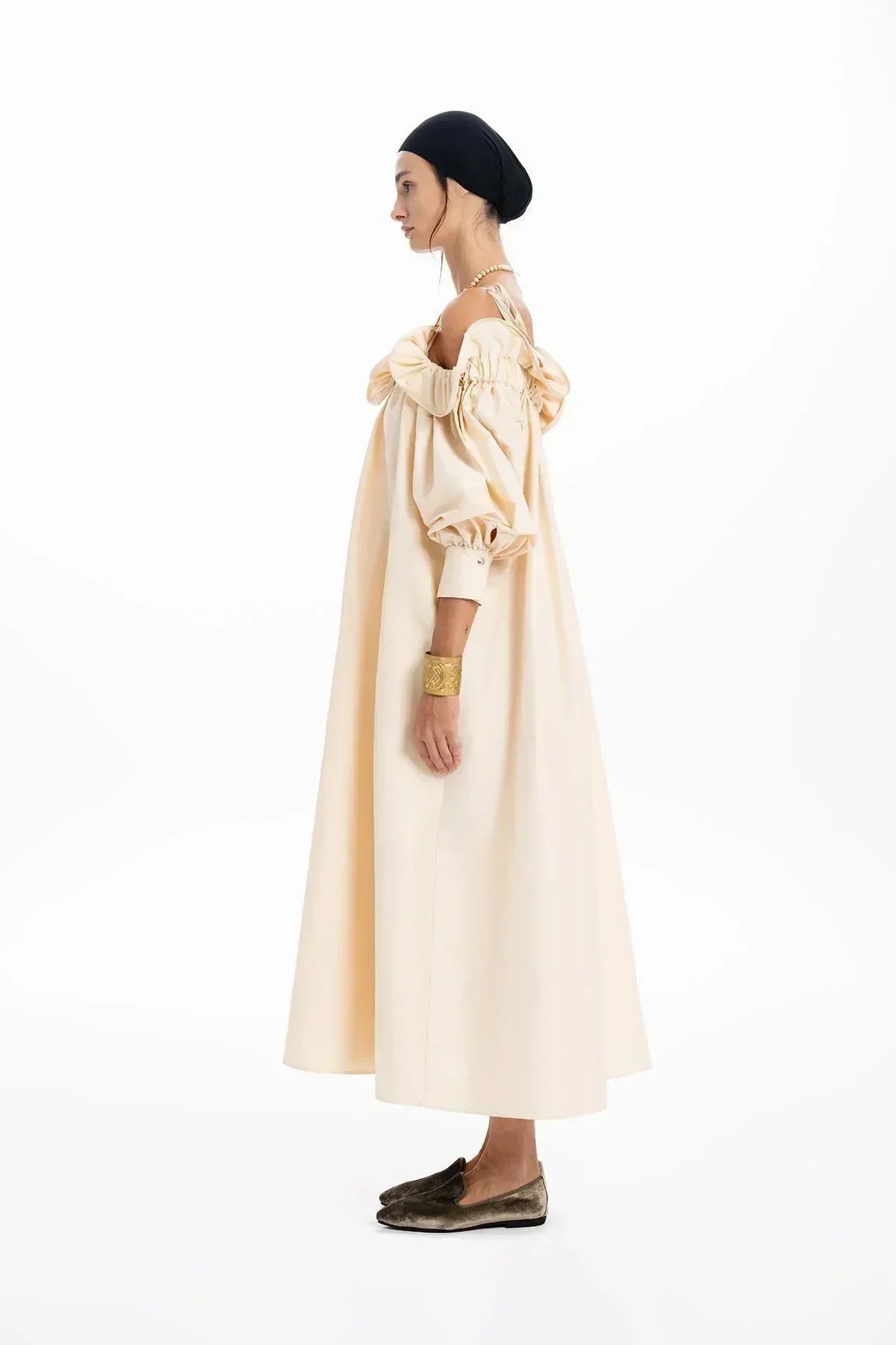BEIGE TAFFETA RUFFLED BOAT NECK OVERSIZED LONG DRESS
