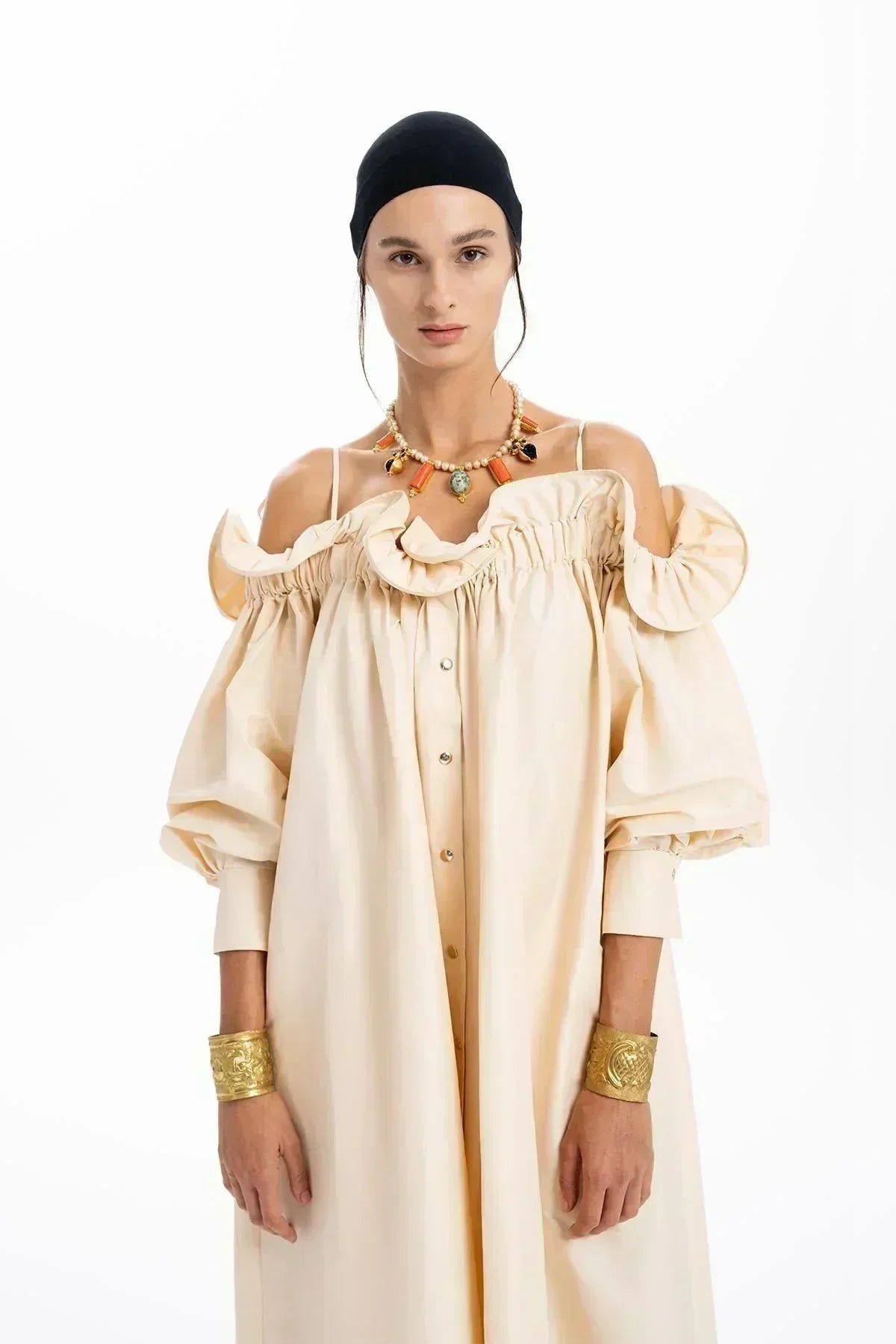 BEIGE TAFFETA RUFFLED BOAT NECK OVERSIZED LONG DRESS