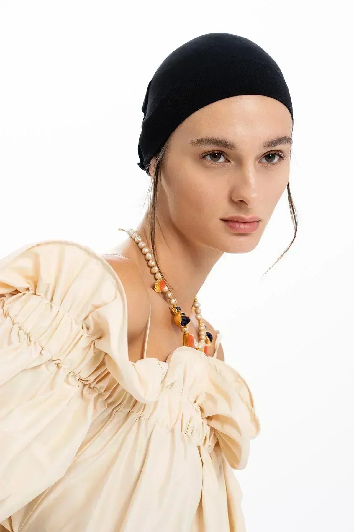 BEIGE TAFFETA RUFFLED BOAT NECK OVERSIZED LONG DRESS