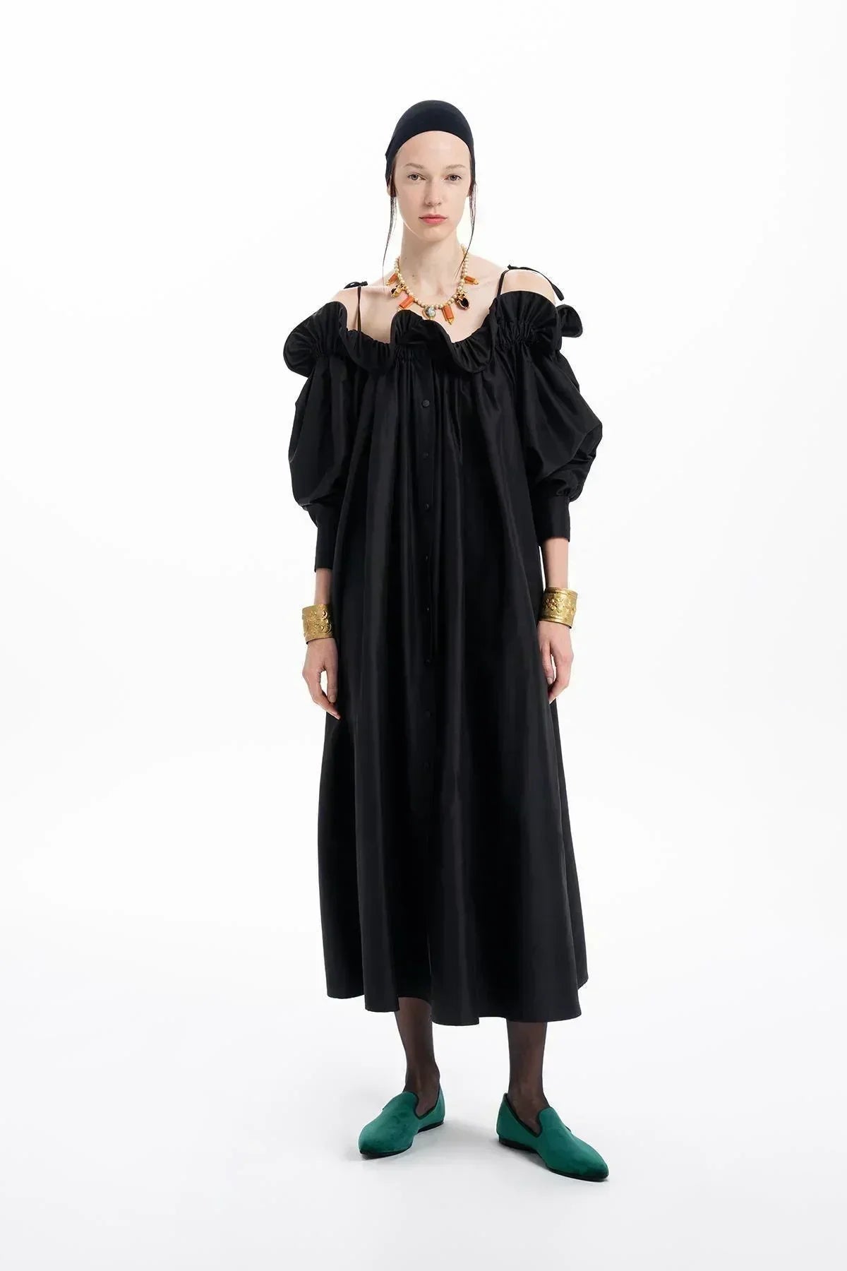 BLACK TAFFETA RUFFLED BOAT NECK OVERSIZED LONG DRESS