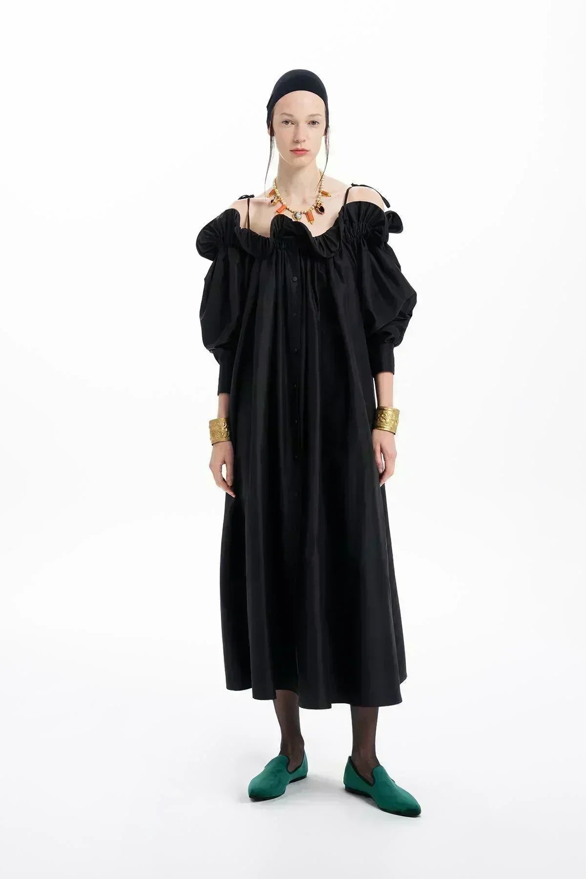 SİYAH TAFTA FIRFIRLI KAYIK YAKA OVERSİZE UZUN ELBİSE - MiiN