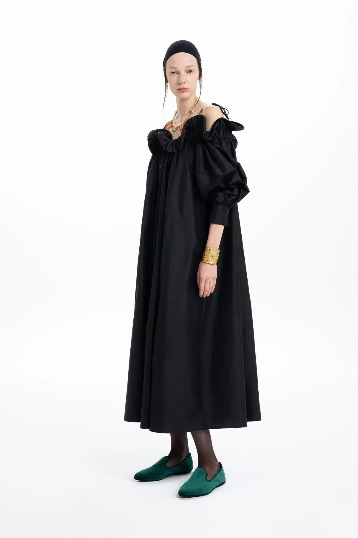 BLACK TAFFETA RUFFLED BOAT NECK OVERSIZED LONG DRESS