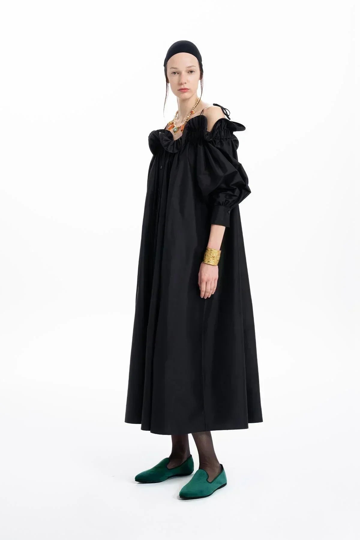 SİYAH TAFTA FIRFIRLI KAYIK YAKA OVERSİZE UZUN ELBİSE - MiiN