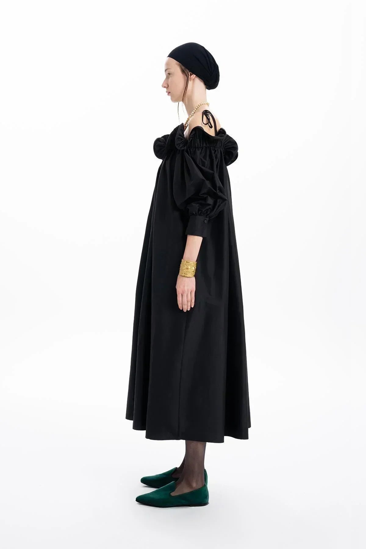 BLACK TAFFETA RUFFLED BOAT NECK OVERSIZED LONG DRESS