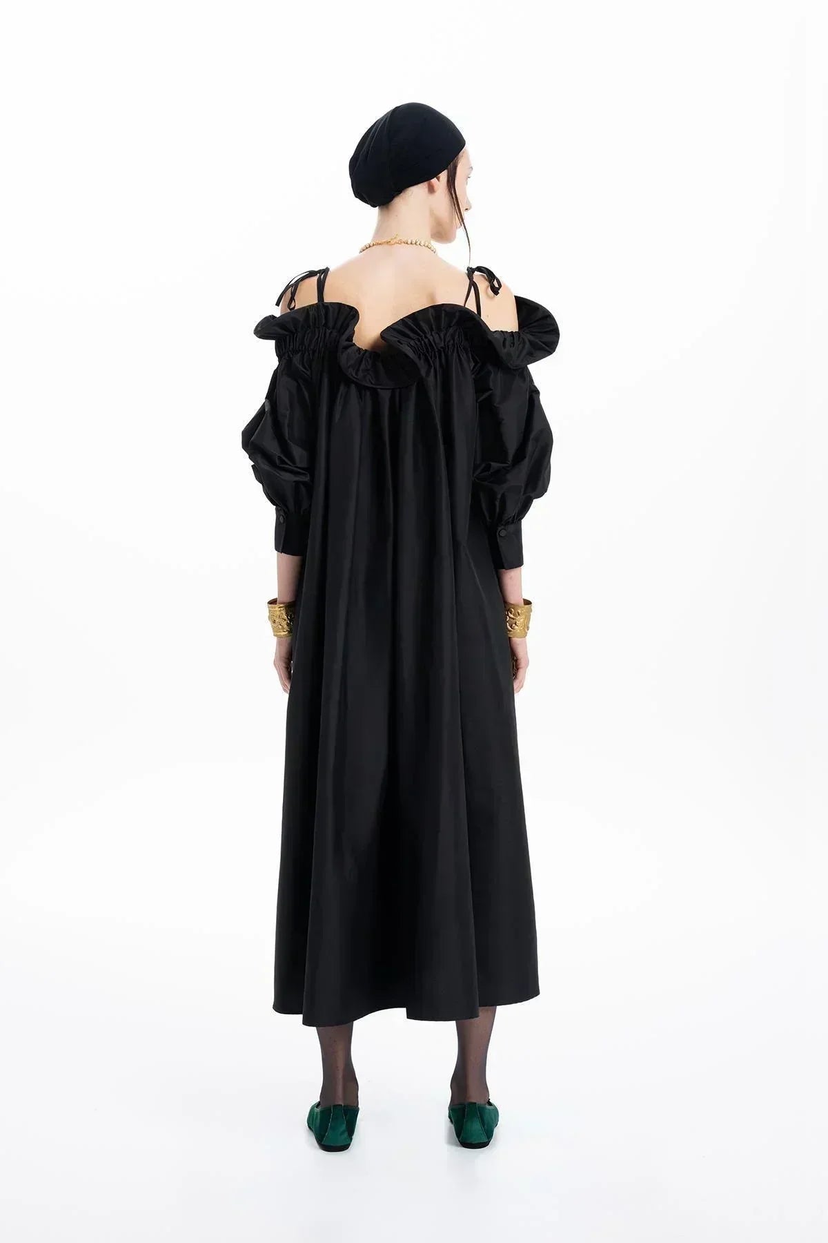 BLACK TAFFETA RUFFLED BOAT NECK OVERSIZED LONG DRESS