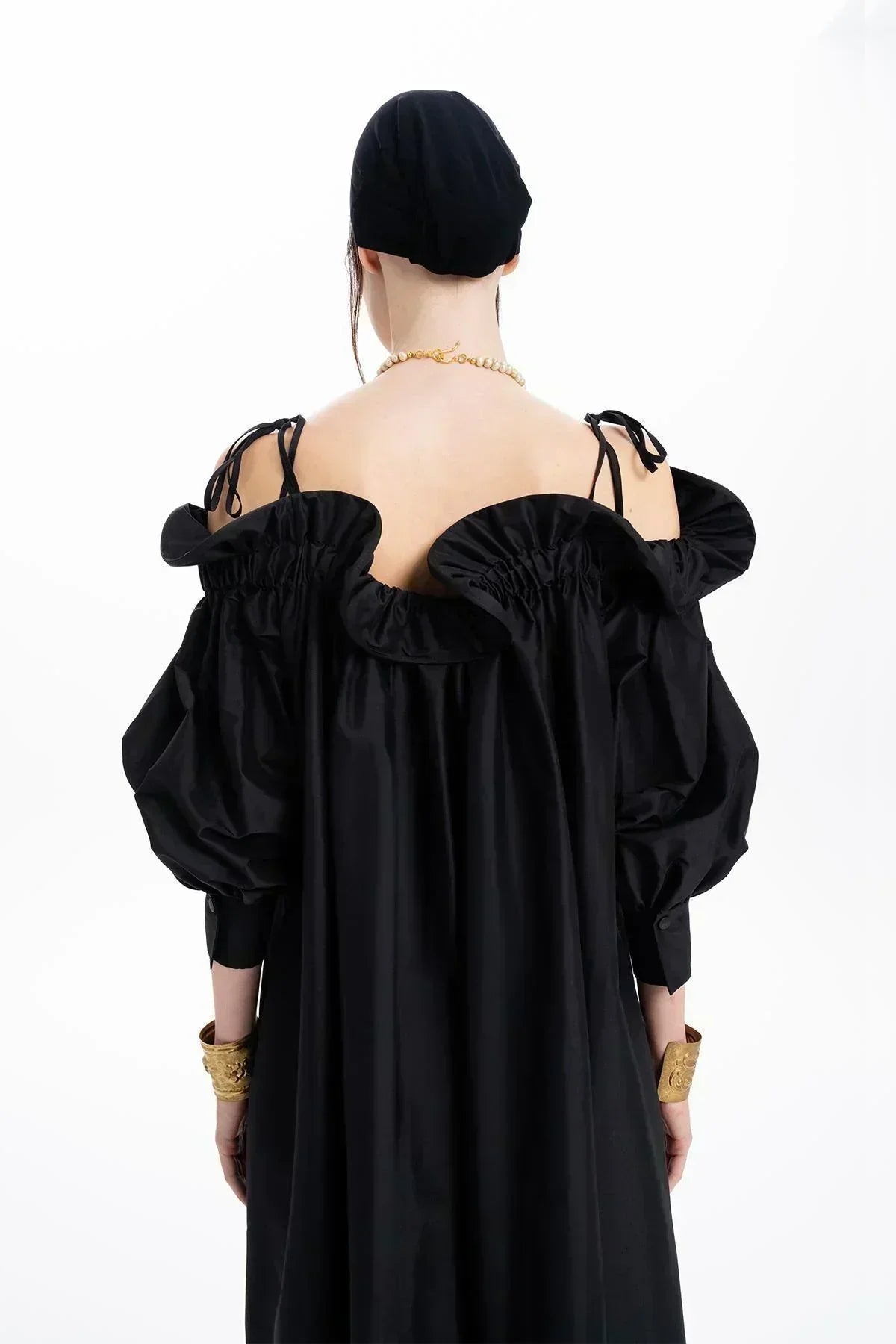 BLACK TAFFETA RUFFLED BOAT NECK OVERSIZED LONG DRESS