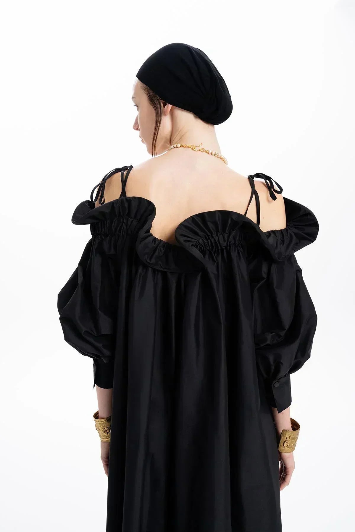 BLACK TAFFETA RUFFLED BOAT NECK OVERSIZED LONG DRESS