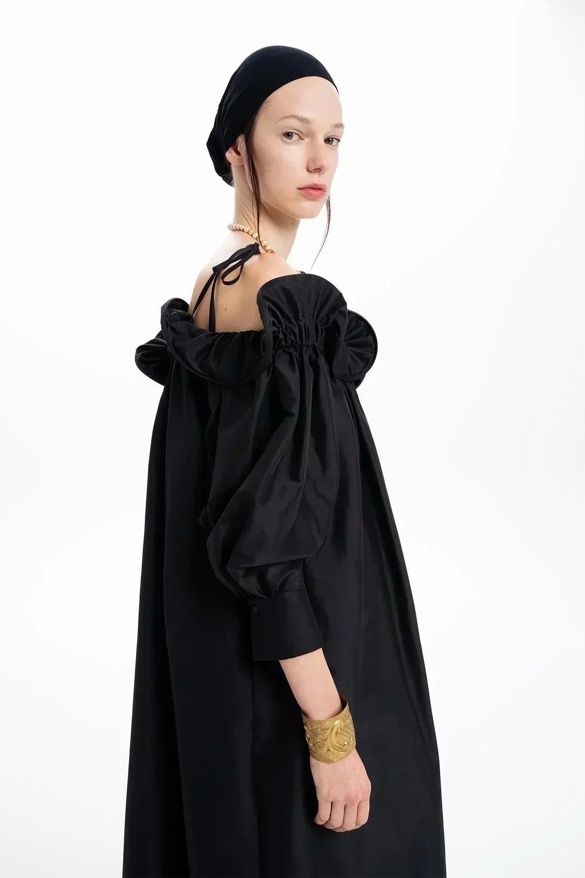 BLACK TAFFETA RUFFLED BOAT NECK OVERSIZED LONG DRESS