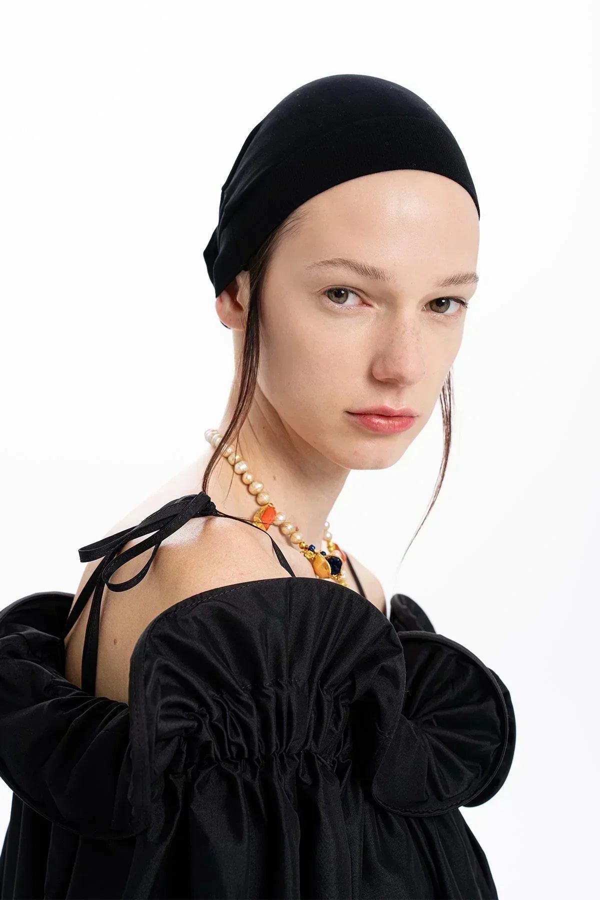 BLACK TAFFETA RUFFLED BOAT NECK OVERSIZED LONG DRESS