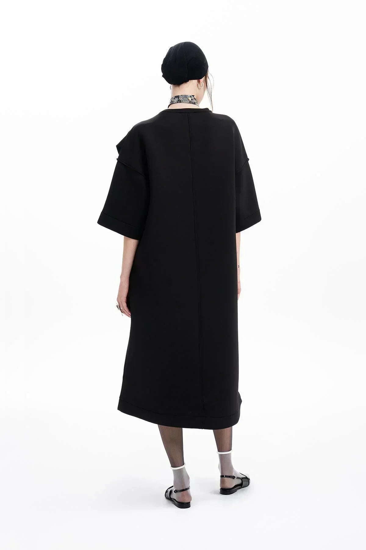 SİYAH OMUZU DÜĞÜMLÜ DRAPE DETAYLI MİDİ ELBİSE - MiiN
