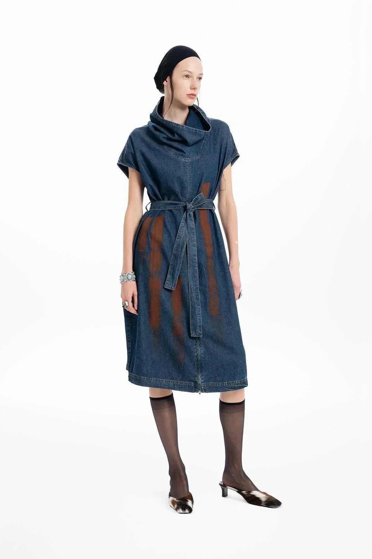 STANDING COWL NECKLINE HAND PAINTED DETAILED MIDI DENIM DRESS