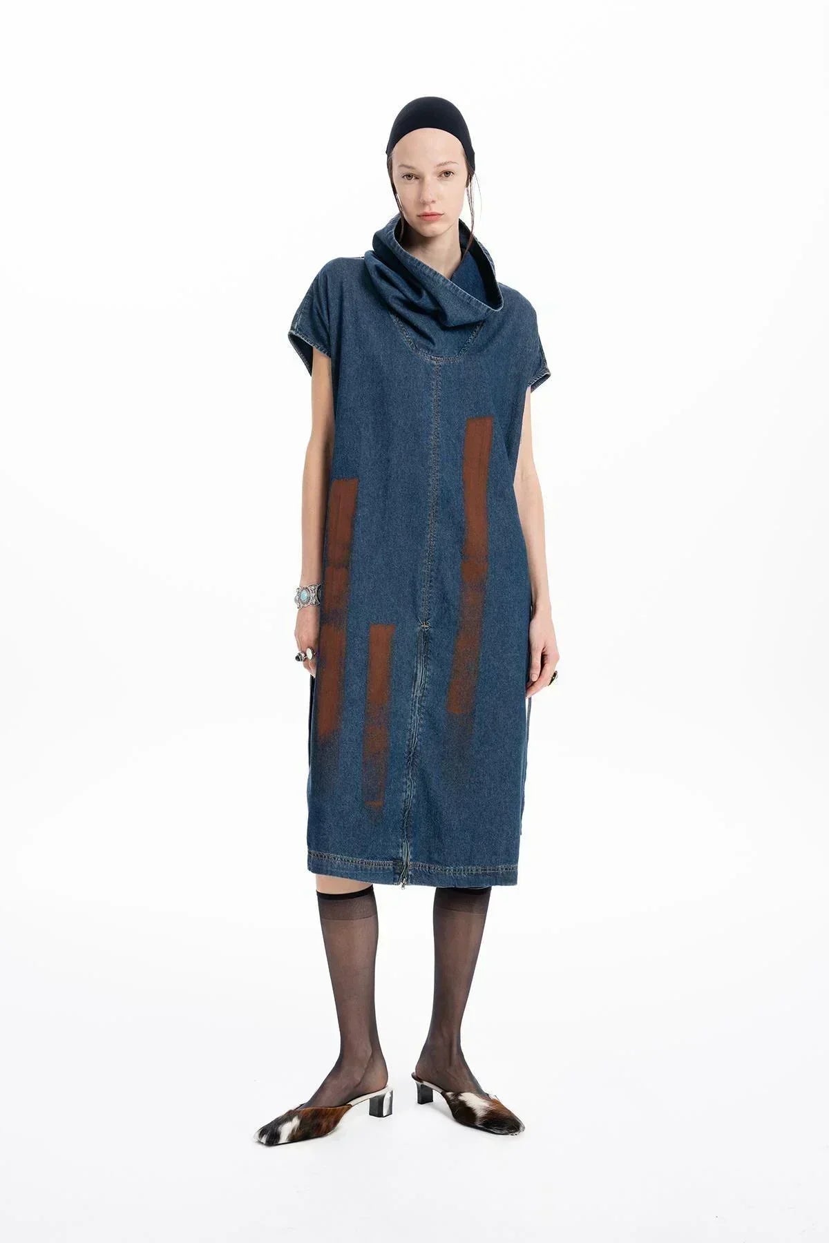 STANDING COWL NECKLINE HAND PAINTED DETAILED MIDI DENIM DRESS