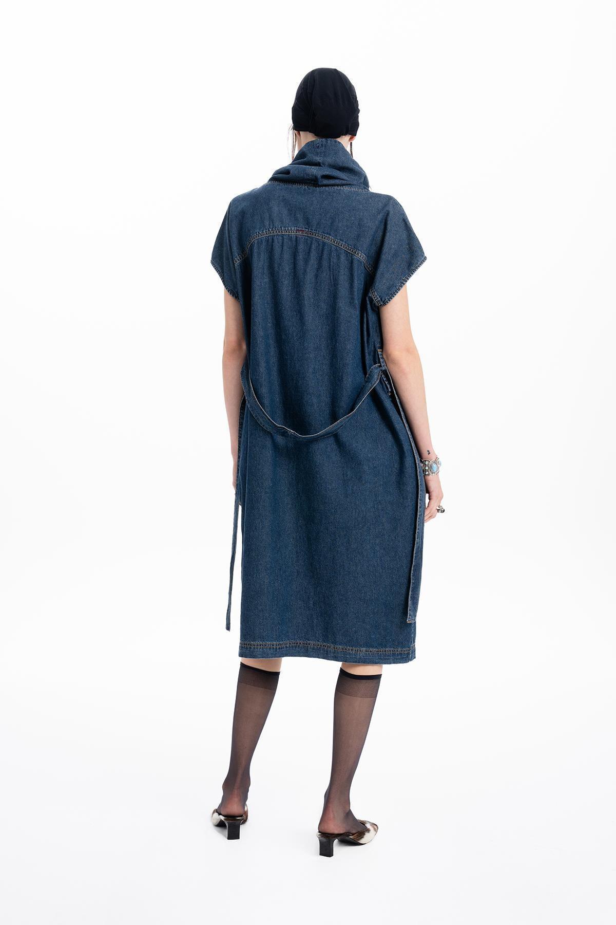 STANDING COWL NECKLINE HAND PAINTED DETAILED MIDI DENIM DRESS