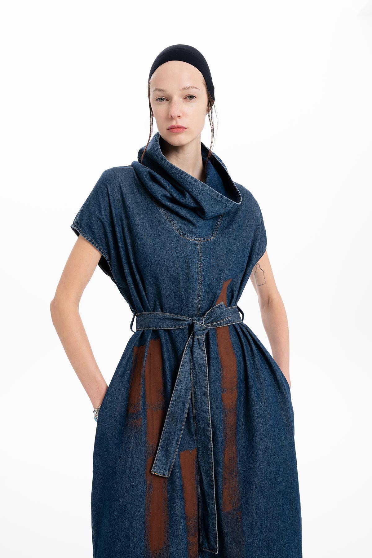 STANDING COWL NECKLINE HAND PAINTED DETAILED MIDI DENIM DRESS