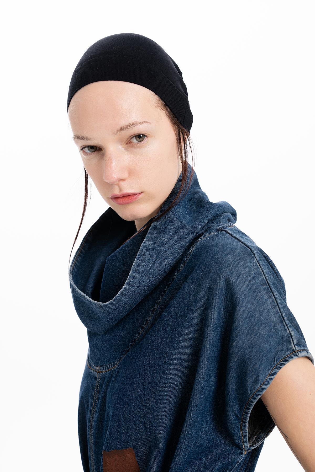 STANDING COWL NECKLINE HAND PAINTED DETAILED MIDI DENIM DRESS