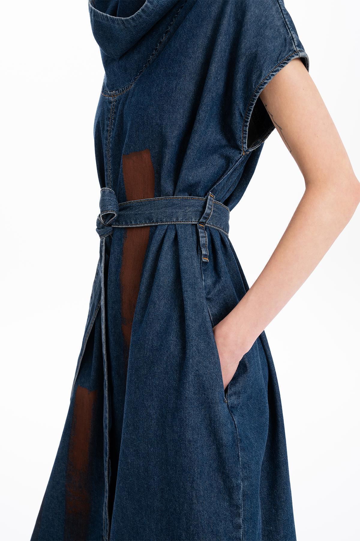 STANDING COWL NECKLINE HAND PAINTED DETAILED MIDI DENIM DRESS
