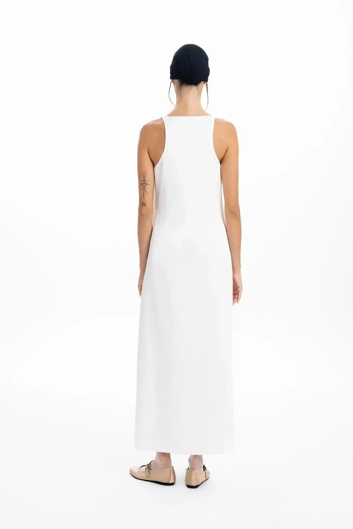 WHITE HAND EMBROIDERED BEADED THICK STRAPPED LONG DRESS