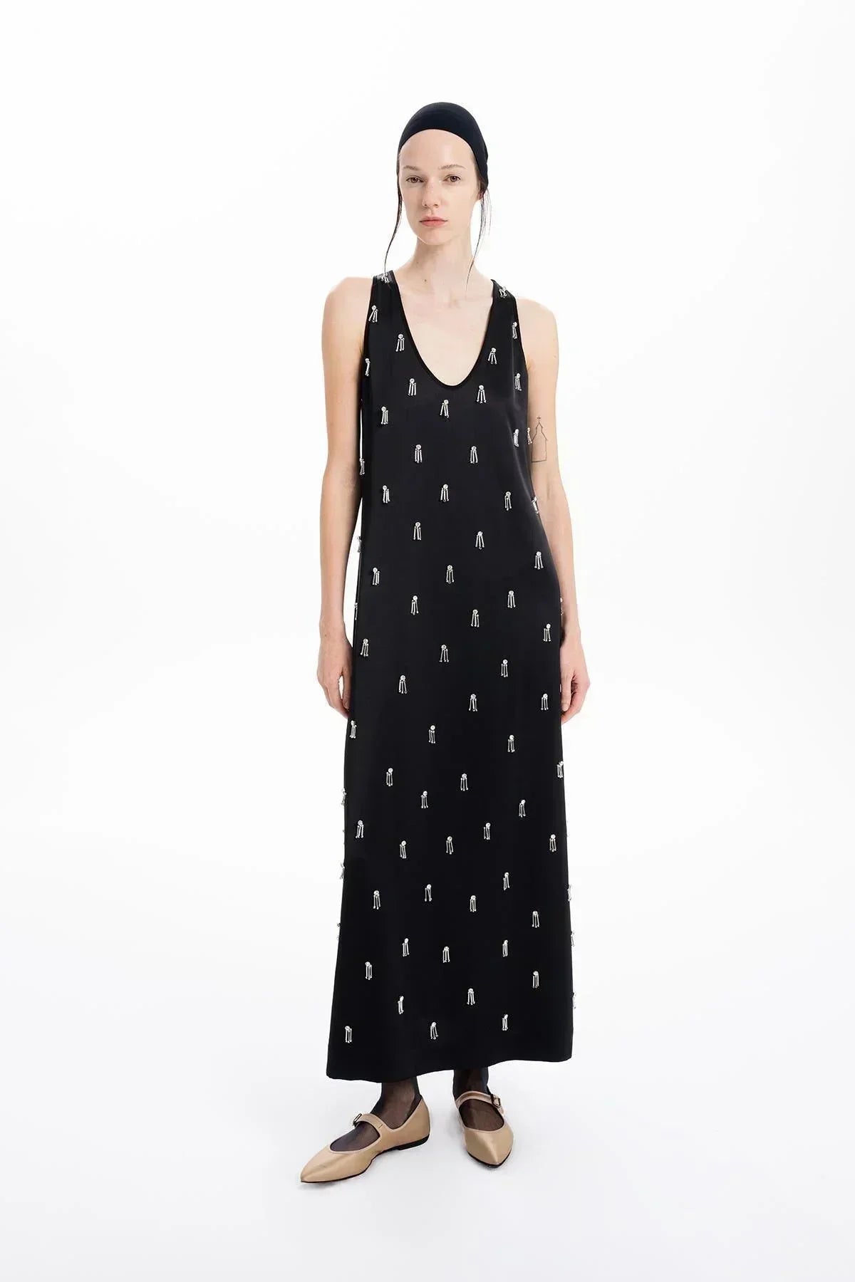 BLACK HAND EMBROIDERED BEADED THICK STRAPPED LONG DRESS