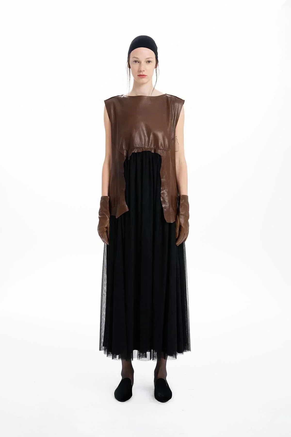 BROWN BLACK LEATHER AND TULLE DESIGN LONG DRESS